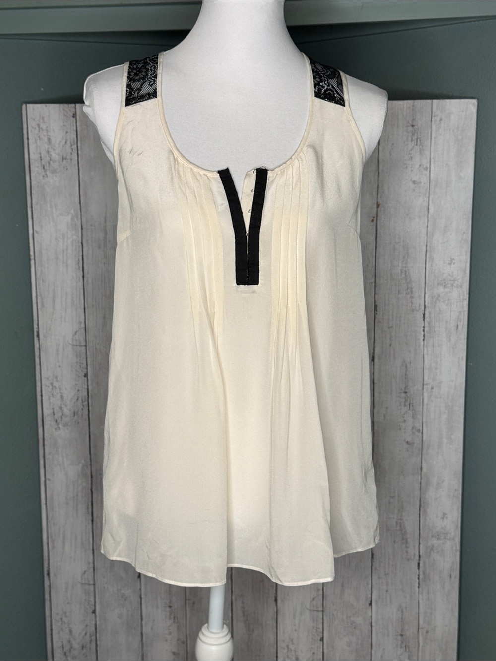 100% Silk Cream Sleeveless Tank with Black Trim and Lace Details